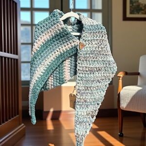 Handmade Crocheted Shawl in Teal and Gray